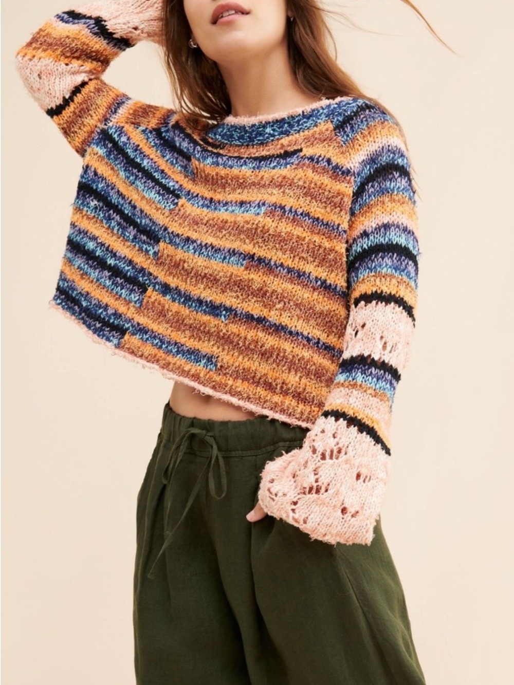 Free People Striped Cropped Knit Sweater - Peach, Blue & Mustard